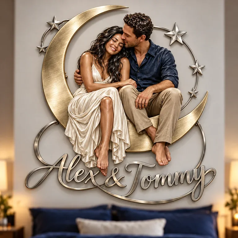 Personalisierte 3D Metall Wandkunst Mond und Sterne für Paare - Schlafzimmer Dekor Geschenk für junge Paare