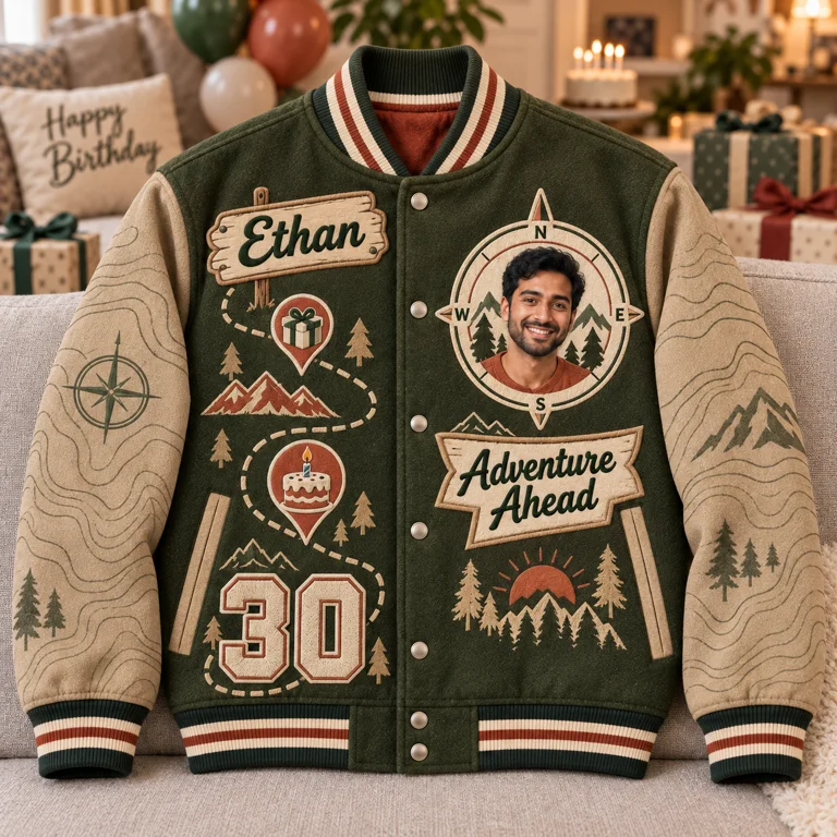 Personalized Birthday Varsity Jacket - Men's Compass Photo & Trail Design