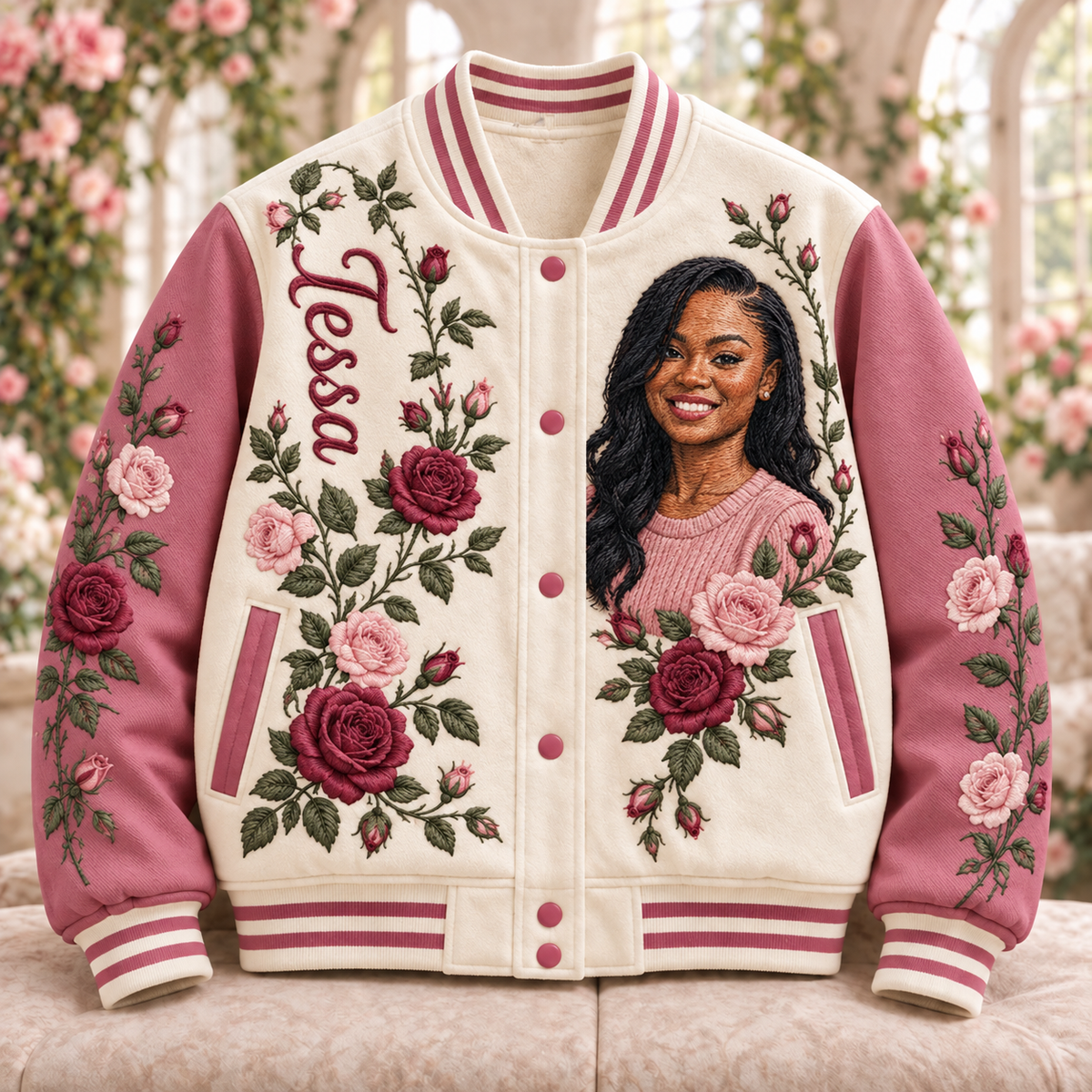 Personalized Rose Varsity Jacket - Women's Embroidered Portrait Design