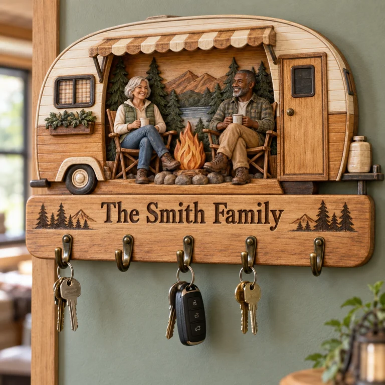 Personalized Camping Key Rack - Camper Shape with 5 Hooks