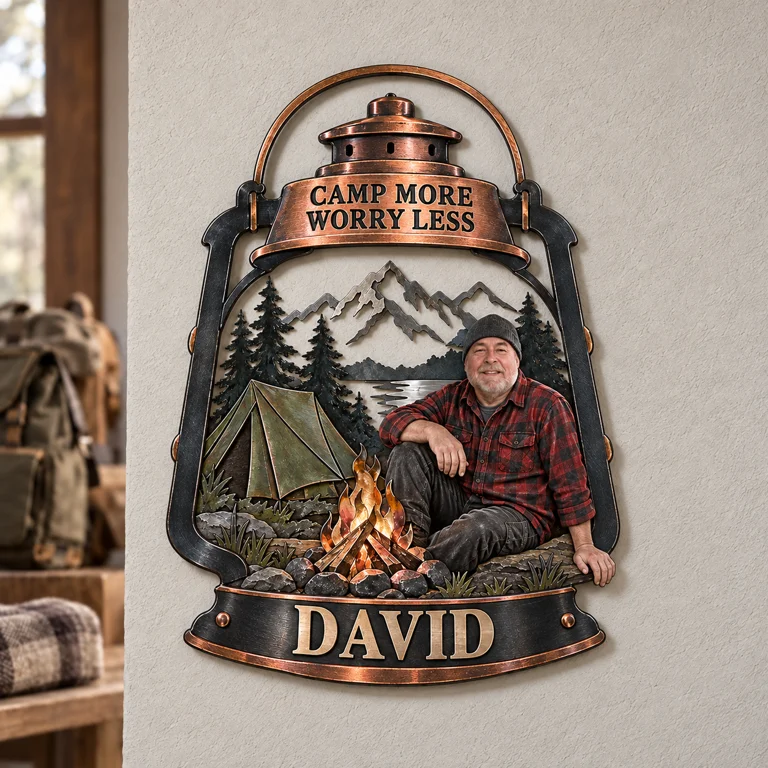 Personalized Camping Metal Wall Art - Custom Portrait and Name, Cabin Wall Decor