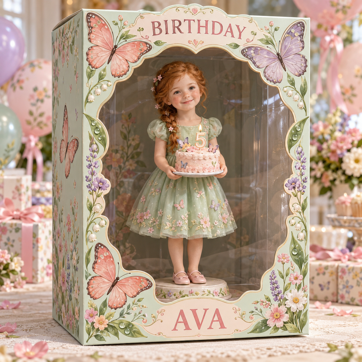 Personalisierte Acryl-Displaybox für Fotos im Schmetterlingsgarten - 5. Geburtstag Geschenk für Mädchen