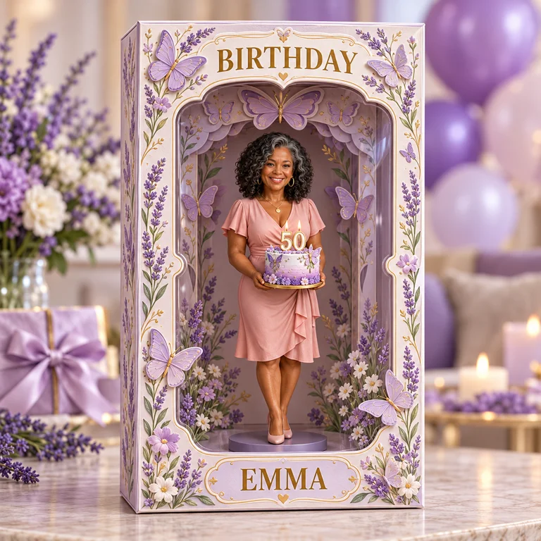 Personalized Custom Photo Lavender Butterfly Figurine in Acrylic Display Box - 50th Birthday Gift for Women