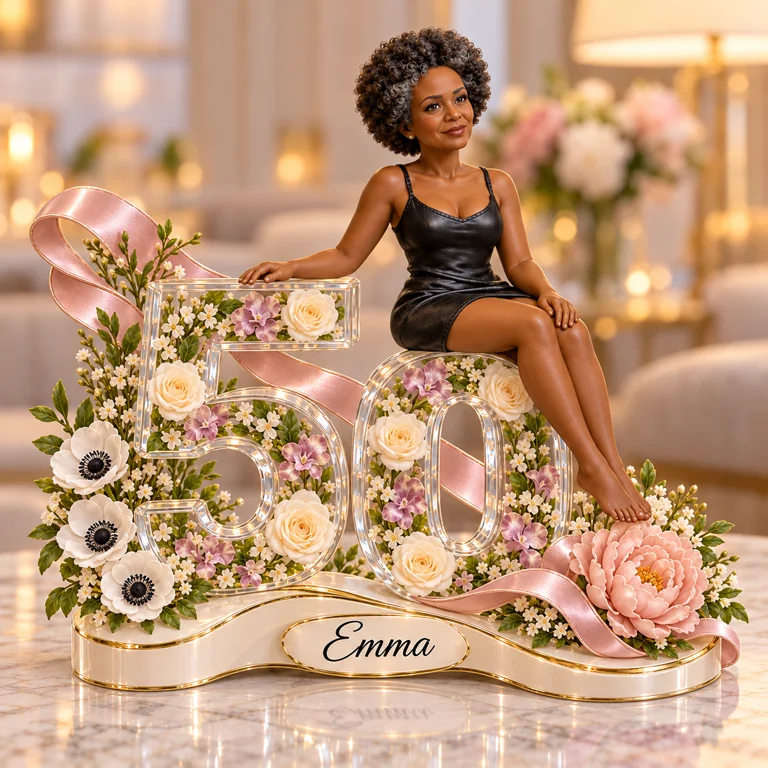 Personalisierte Foto-Blumen-Acrylplakette - 50. Geburtstagsgeschenk für Frauen