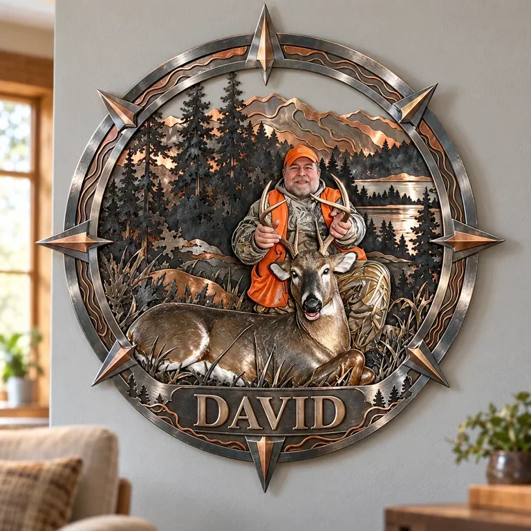 Personalisierte 3D Metall Wandkunst für Jagdfans - Kompassrahmen Geschenk für ältere Männer