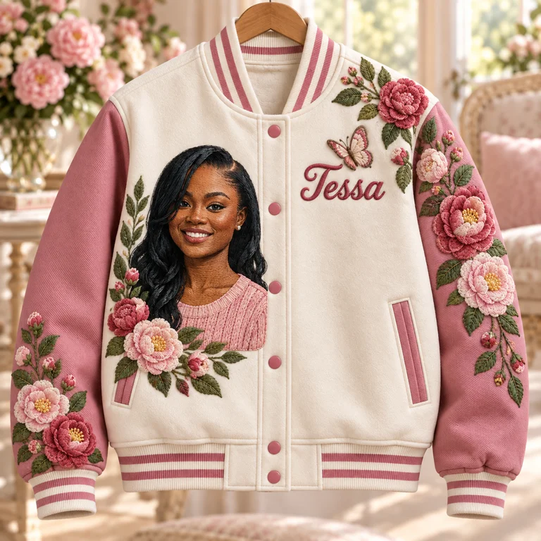 Personalized Camellia Varsity Jacket - Women's Embroidered Portrait and Name Design