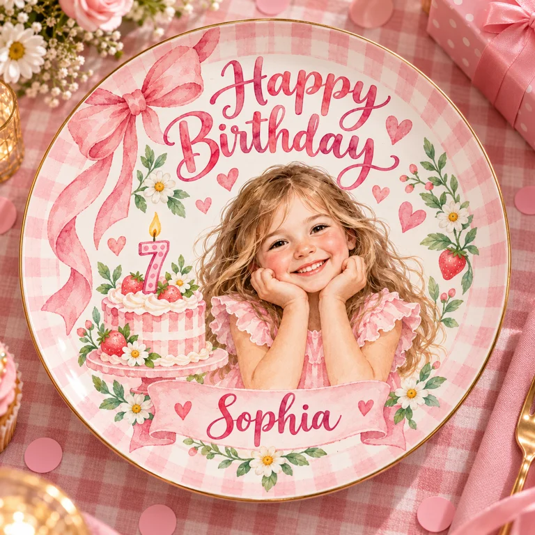 Personalized Birthday Ceramic Round Plate - Custom Portrait, Name and Age, Pink Bow and Floral Design