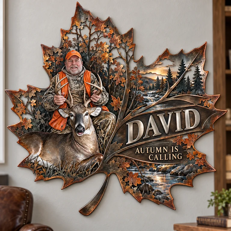 Personalized Hunting Metal Sign - Autumn Maple Leaf Wall Art with Custom Photo, Name and Text