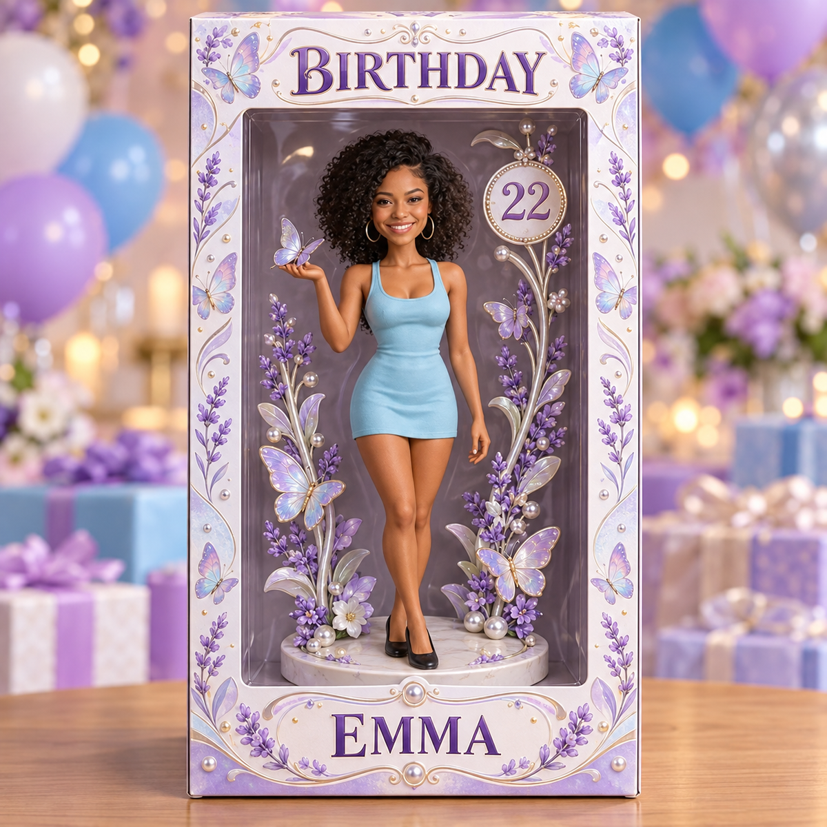 Personalisierte Geburtstagsanzeige-Box - Porträtfigur mit Lavendel-Schmetterling, Name und Alter