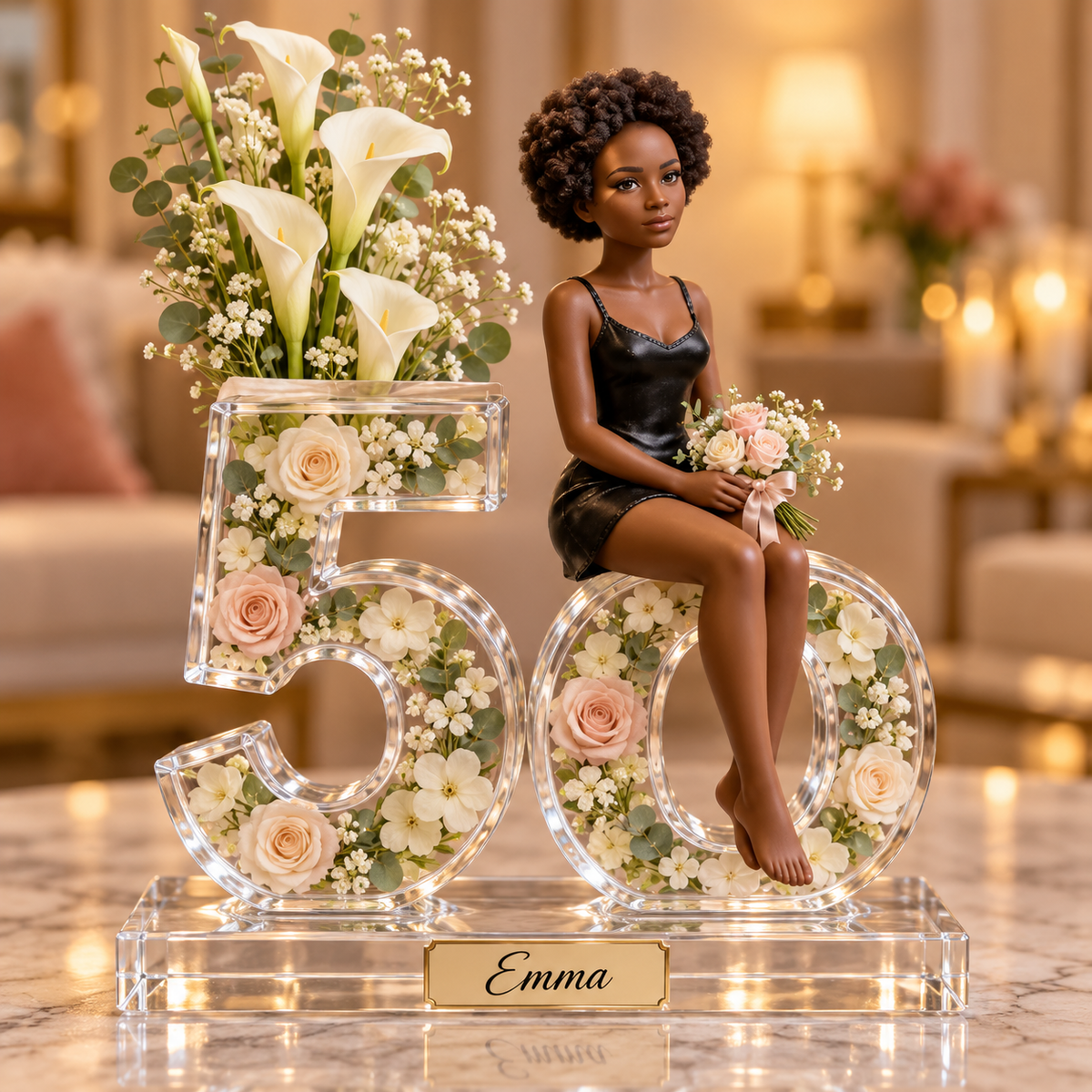Personalized Custom Photo Floral Acrylic Number Figurine Display - 50th Birthday Gift for Women