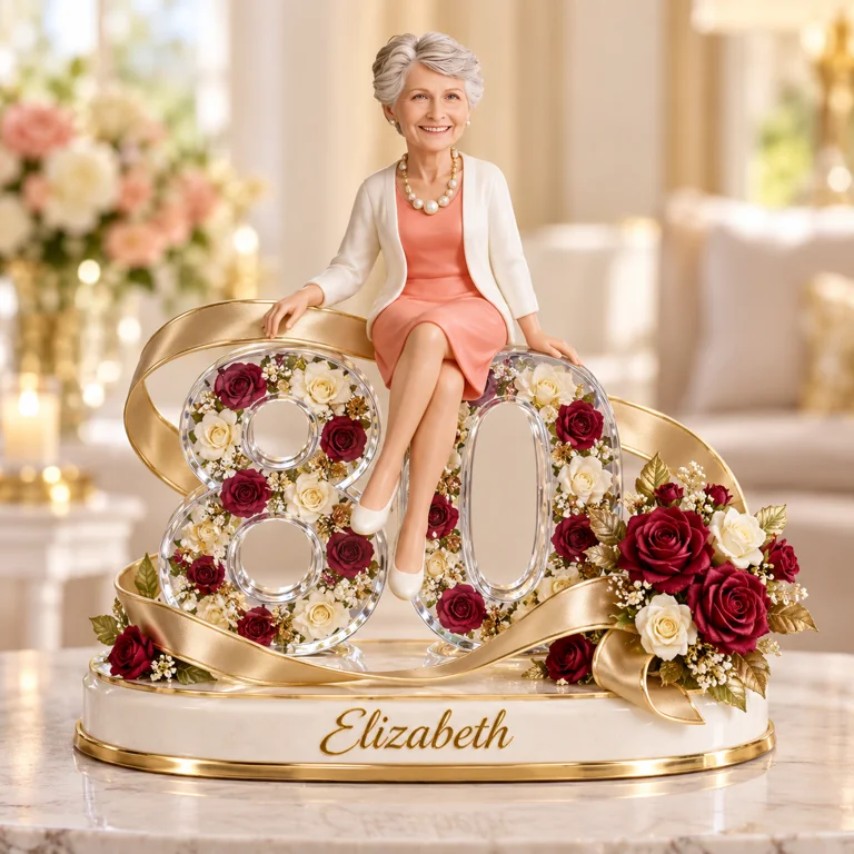 Personalisierte Geburtstagsfigur - Individuelles Porträt, Rose und Schleifen-Geschenk