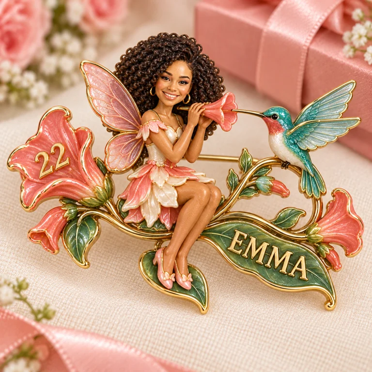 Personalized Flower Fairy Brooch - Birthday Gift with Custom Photo, Name and Age, Hummingbird and Trumpet Flowers