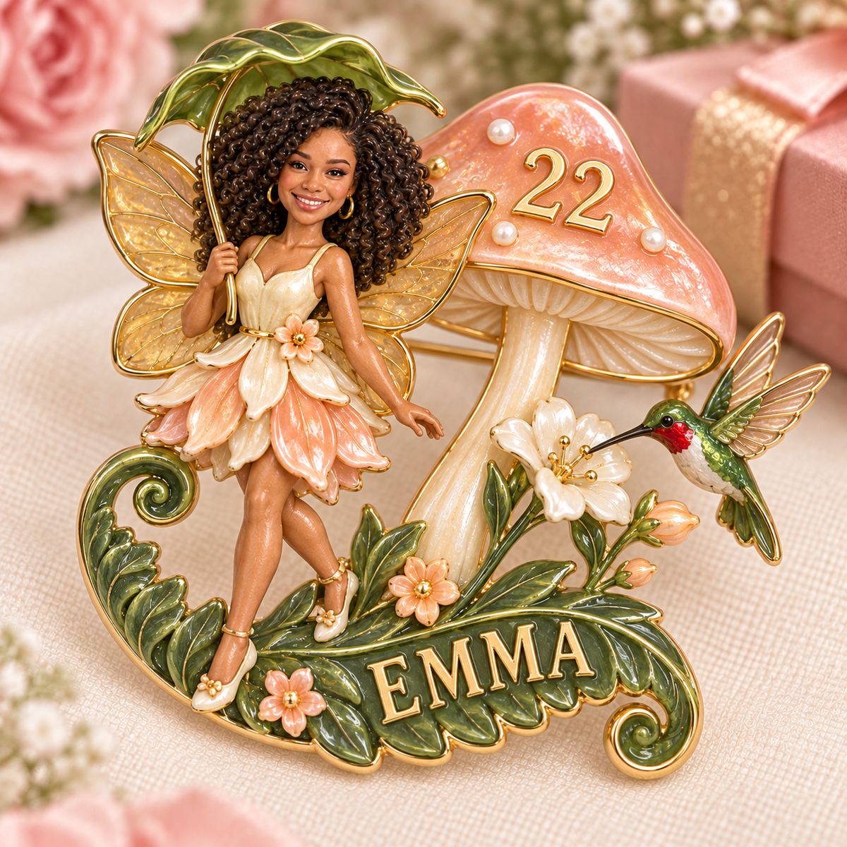 Personalized Fairy Garden Brooch - Birthday Gift with Custom Photo, Name and Age, Mushroom and Hummingbird