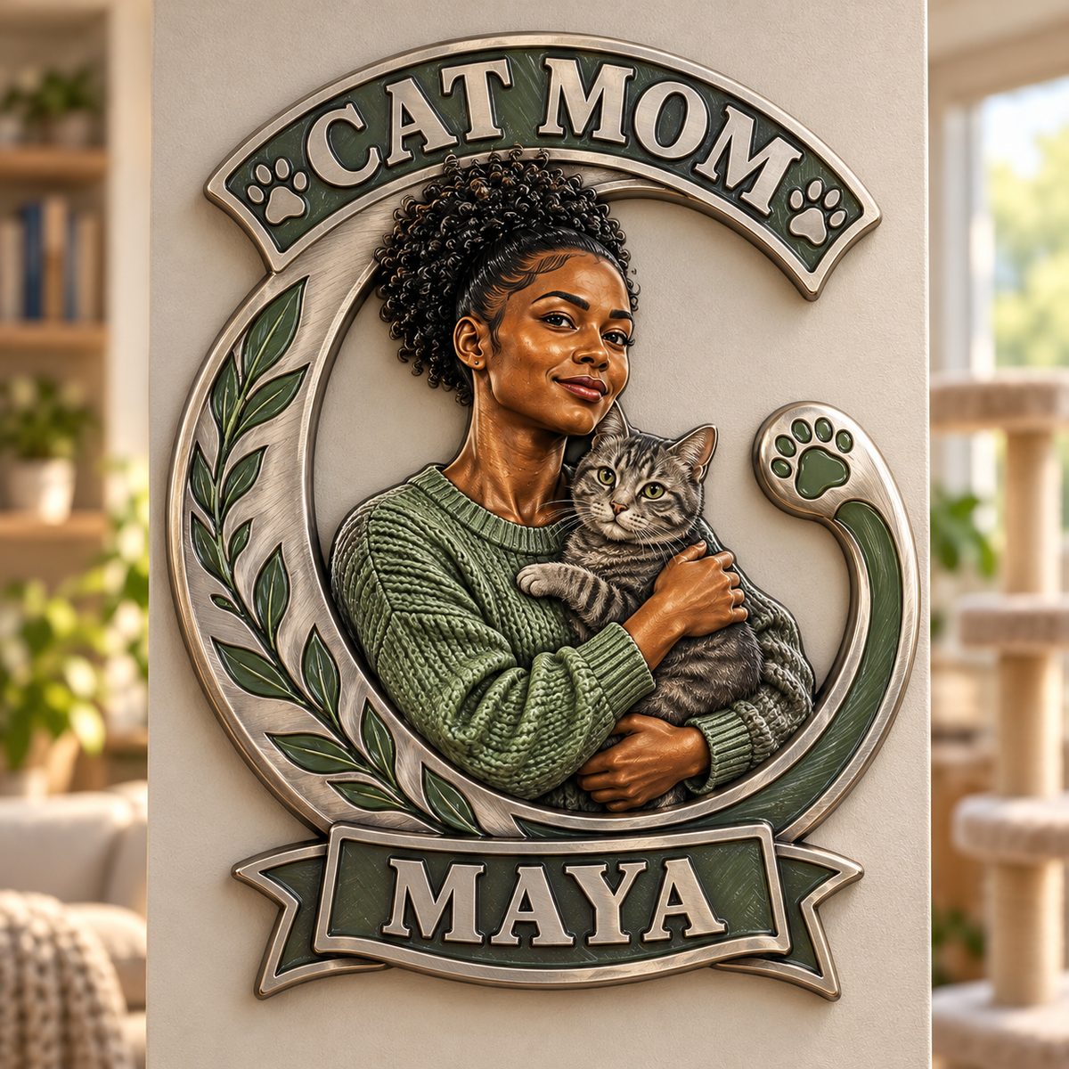 Panneau en Métal Découpé Personnalisé Photo Maman Chat Imprimé en 3D - Cadeau pour Jeunes Femmes