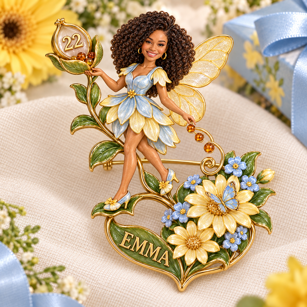 Personalisierte Wildblumen Samenhalter Fee Brosche - Geburtstagsgeschenk mit Foto, Name und Alter
