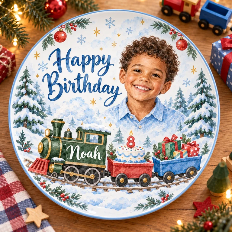 Assiette en céramique de train de Noël personnalisée - Portrait aquarelle d'anniversaire, nom et âge personnalisés