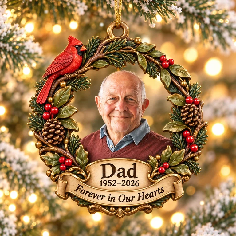 Personalized Custom Photo Dad Memorial Cardinal Wreath 3D Ornament - Christmas Remembrance Keepsake