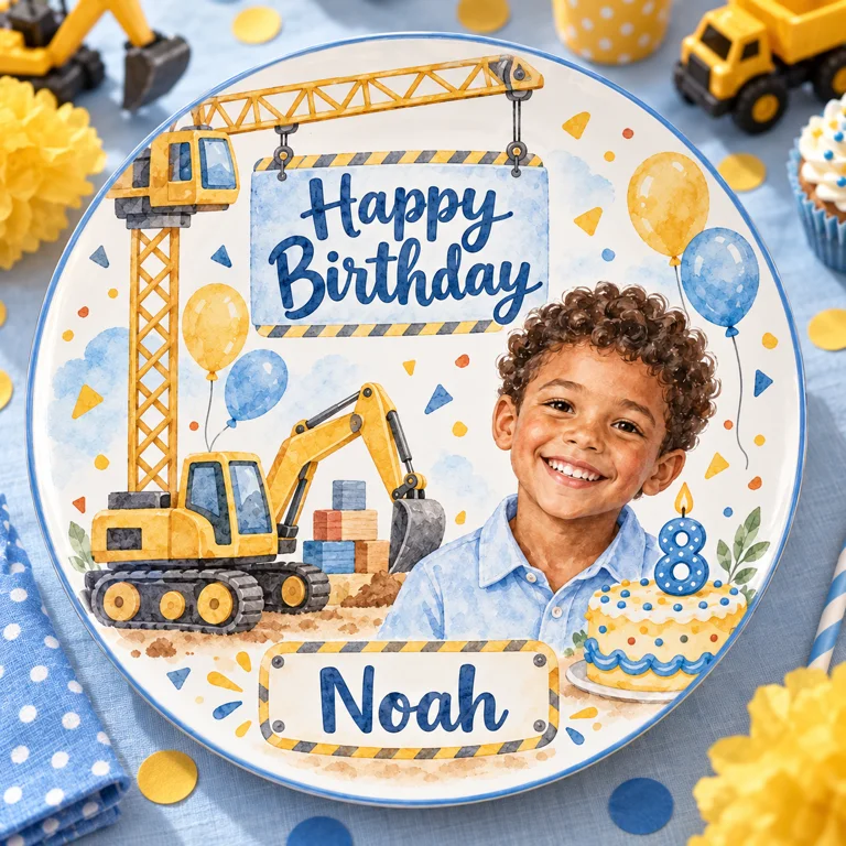 Personalized Construction Ceramic Plate - Birthday Watercolor Portrait, Custom Name and Age