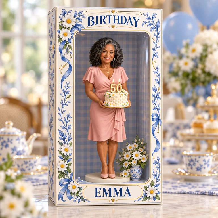 Personalized Custom Photo Blue Daisy Figurine in Acrylic Display Box - 50th Birthday Gift for Women