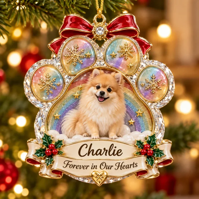 Personalized Custom Photo Pomeranian Memorial 3D Rainbow Paw Ornament - Christmas Dog Lover Gift