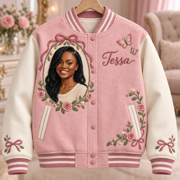 Personalized Rose Bow Varsity Jacket - Women's Embroidered Portrait and Name