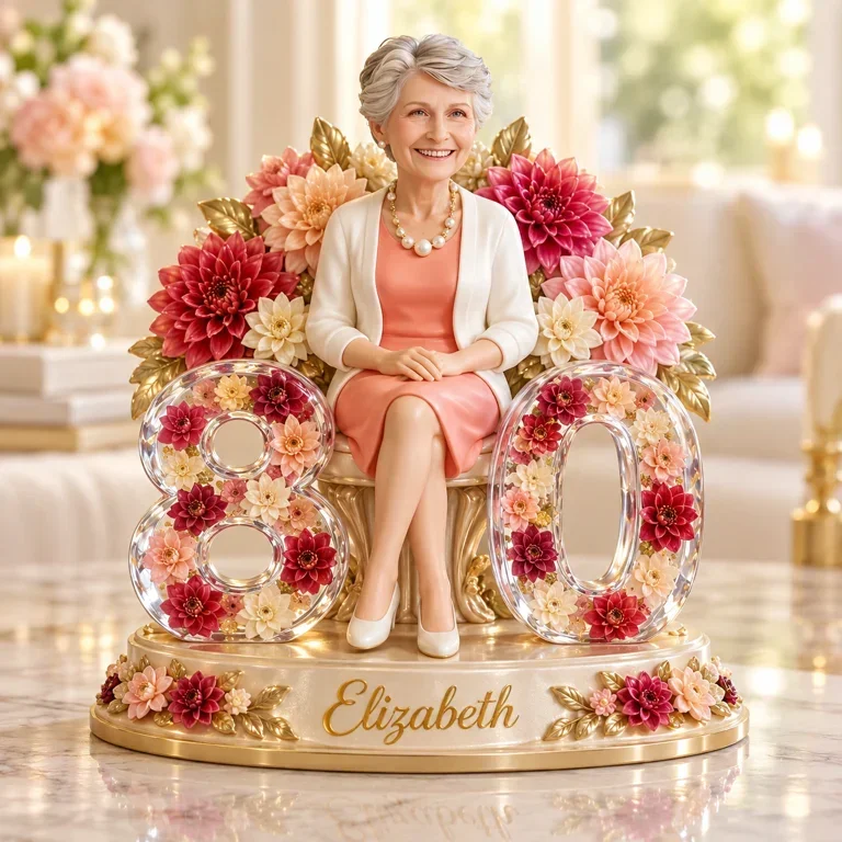 Personalized Floral Throne Shaped Acrylic Plaque, Personalized Queen Birthday Portrait Gift for Mom, Wife, Grandma, 40th 50th 60th 70th Birthday Gift for Her