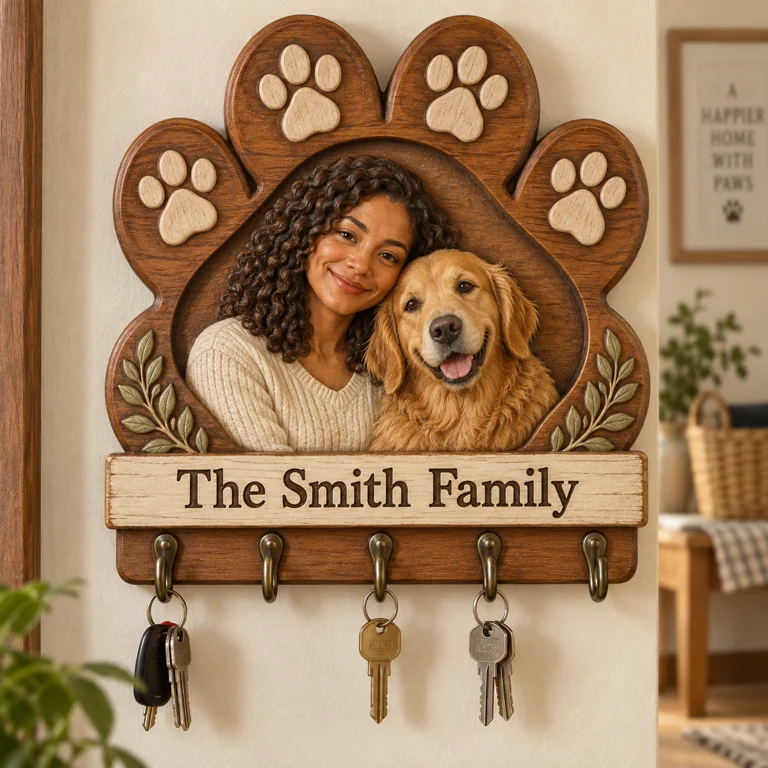 Personalized Dog Key Rack - Paw Shape with 5 Hooks