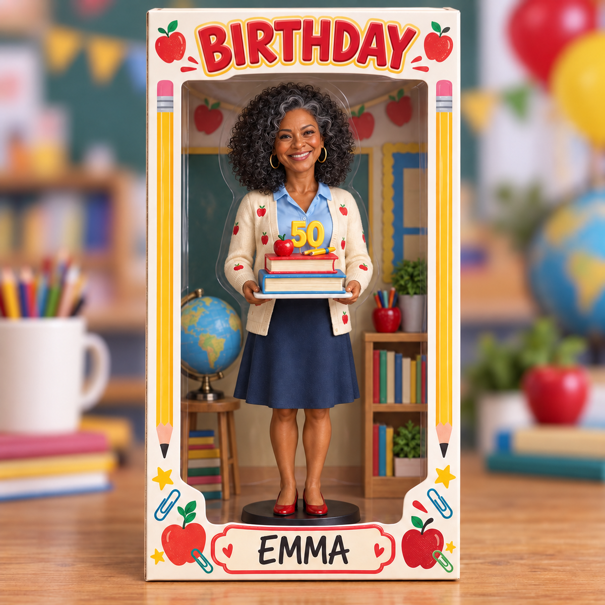 Personalized Teacher Acrylic Display Box - Birthday Gift with Custom Portrait Figurine