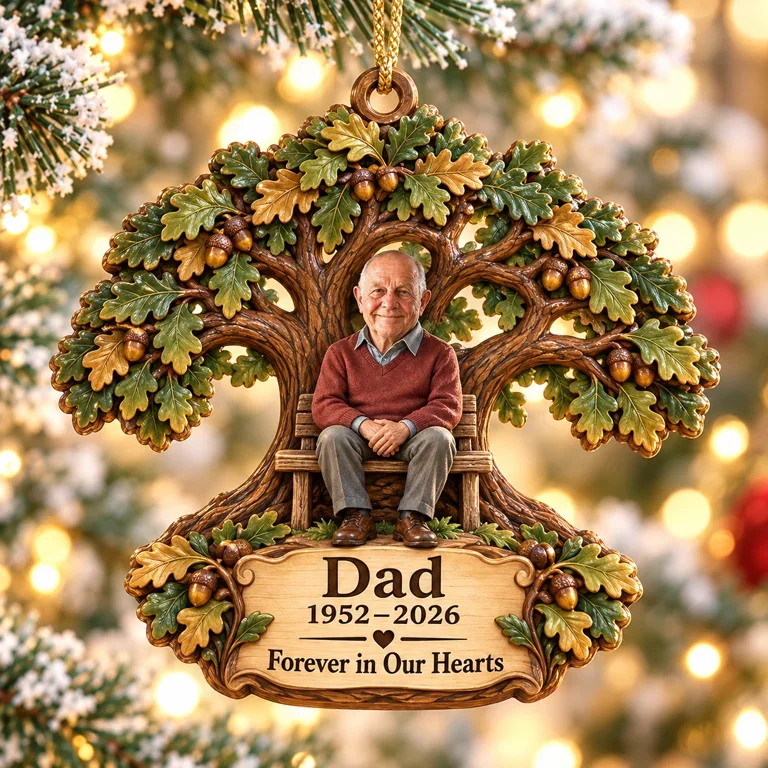 Personalized Custom Photo Dad Memorial Oak Tree Bench Layered Wood Ornament - Christmas Remembrance Keepsake