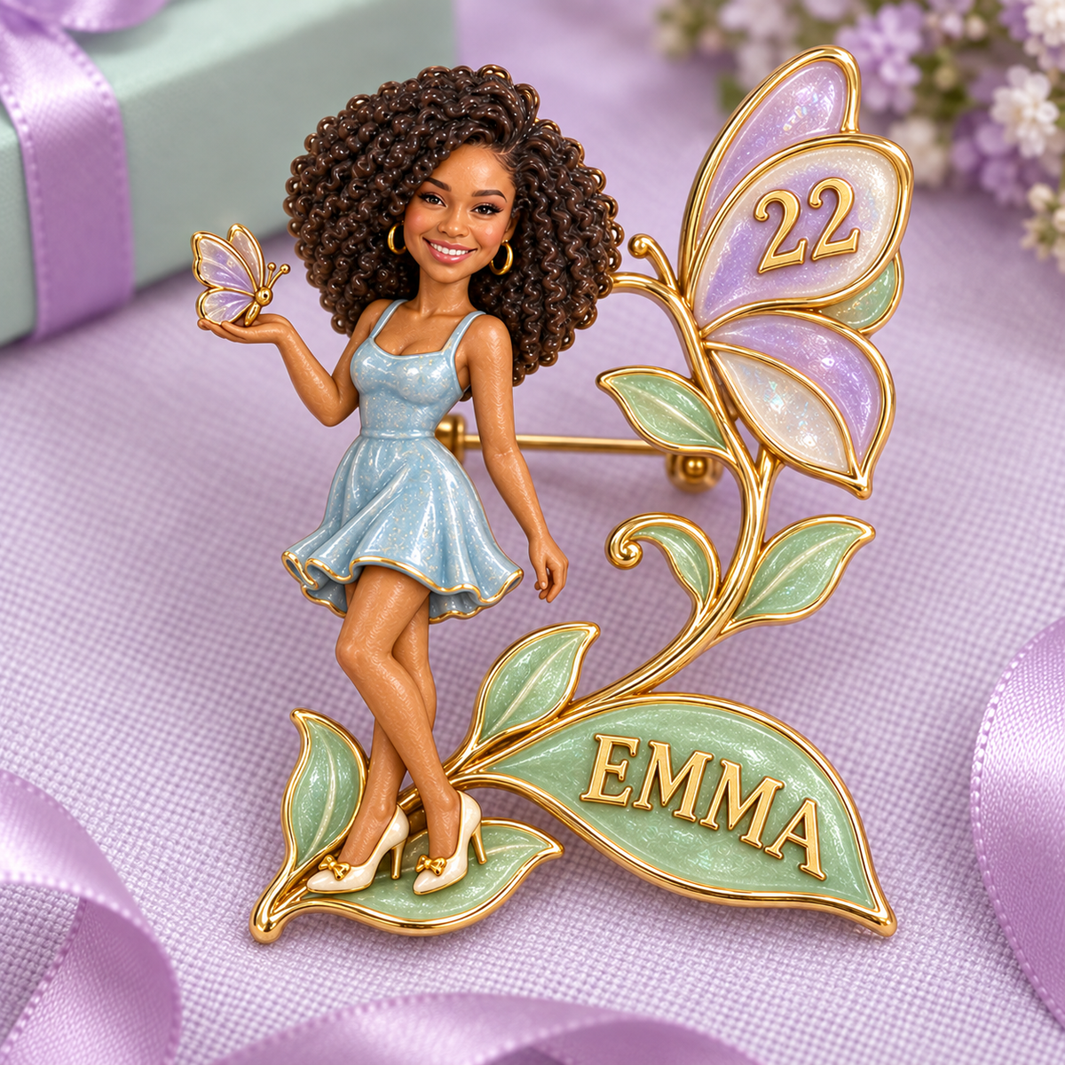 Personalized Birthday Butterfly Brooch - Sculpted Portrait, Name and Age
