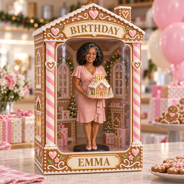 Personalized Custom Photo Gingerbread House Figurine in Acrylic Display Box - 50th Birthday Gift for Women