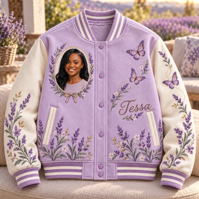 Personalized Butterfly Varsity Jacket - Women's Lavender Portrait Design