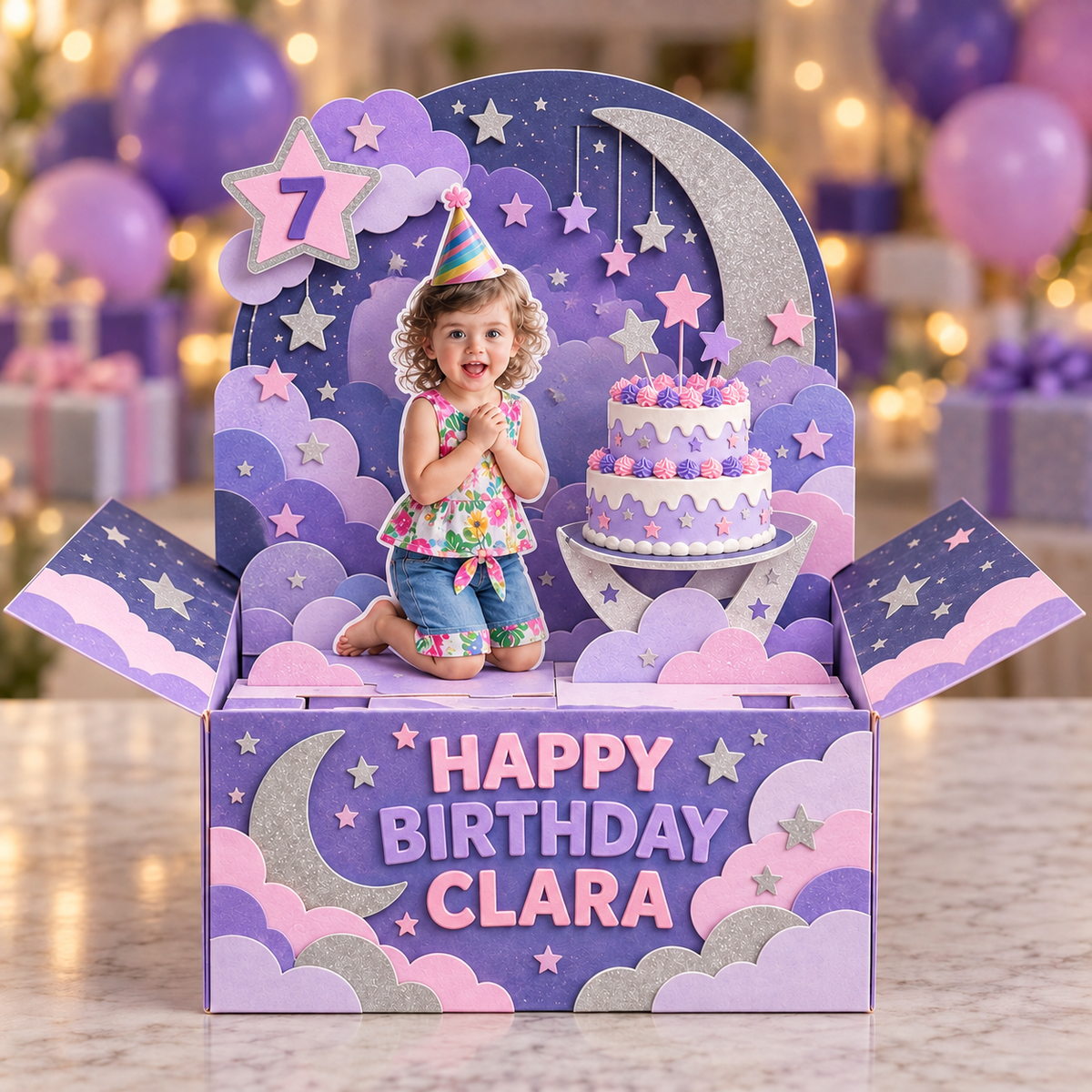 Carte Pop-Up Personnalisée Lune et Étoiles - Gâteau d'Anniversaire avec Photo, Nom et Âge Personnalisés