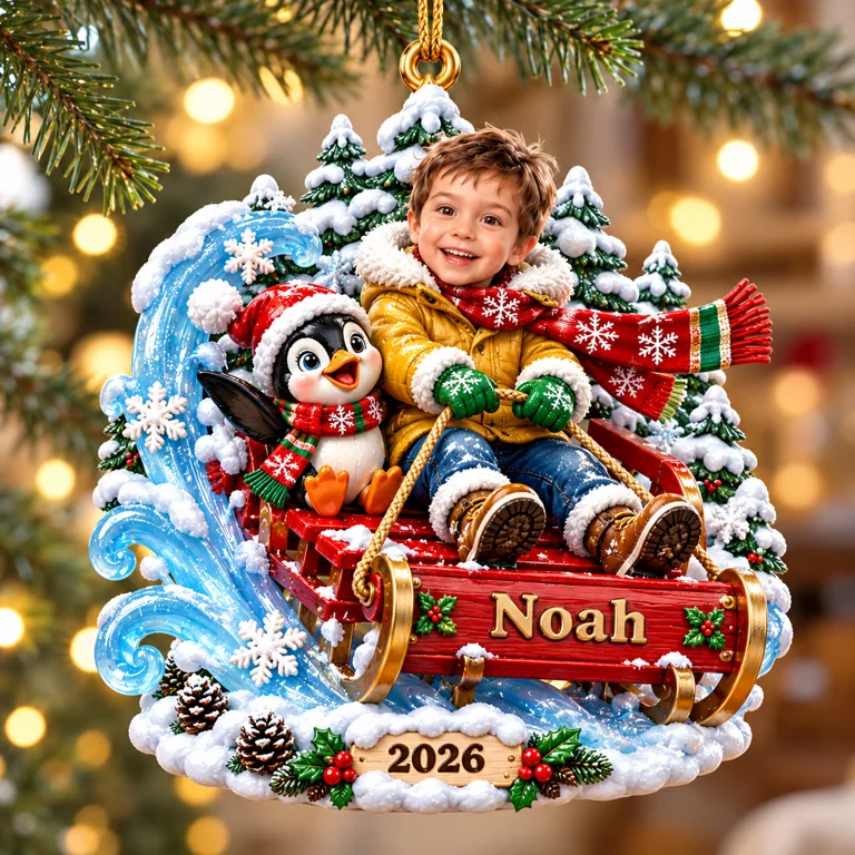 Personalized Custom Photo Sledding 3D Ornament - 2026 Christmas Gift for Boys