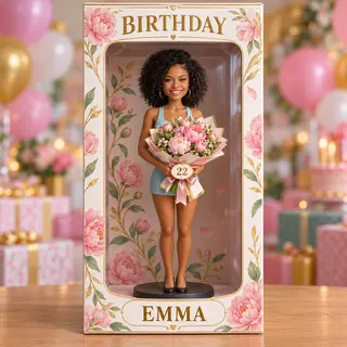 Personalized Birthday Display Box - Portrait Figurine, Bee Cake, Name and Age