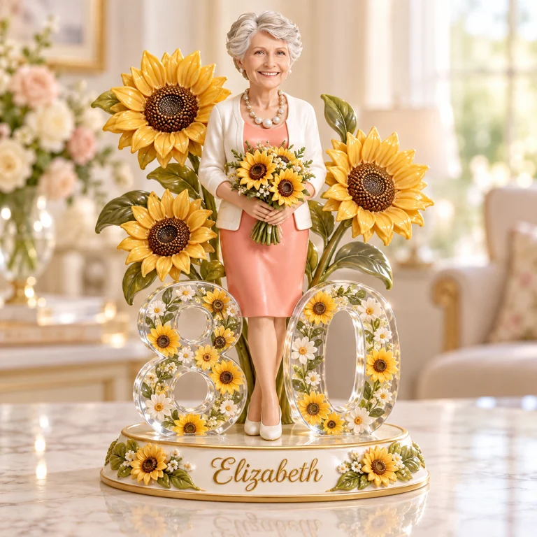 Personalized Birthday Figurine - Custom Portrait, Sunflower Keepsake Gift