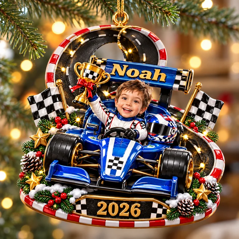 Personalized Custom Photo Race Car 3D Ornament - 2026 Christmas Gift for Boys