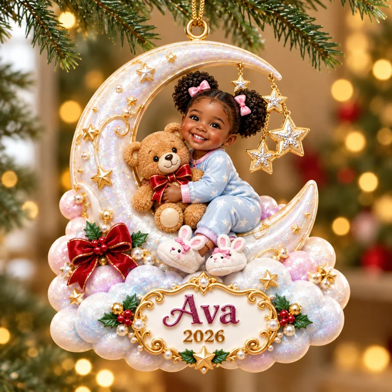 Personalized Custom Photo Crescent Moon and Teddy Bear 3D Ornament - 2026 Christmas Gift for Little Girls
