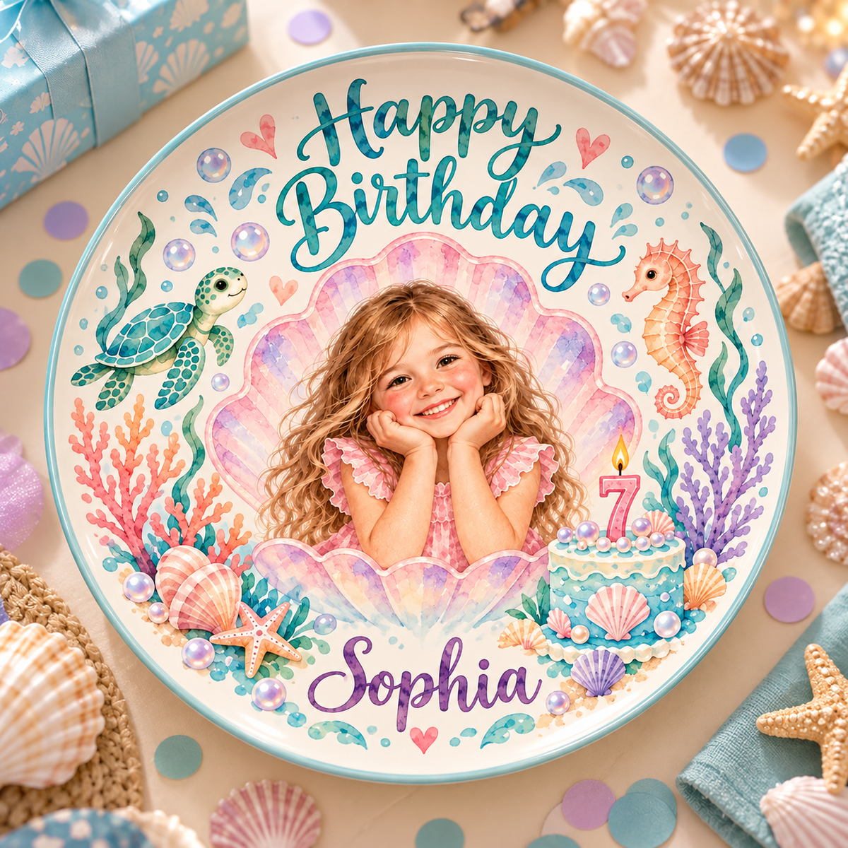 Personalized Birthday Ceramic Round Plate - Ocean Watercolor Portrait Gift