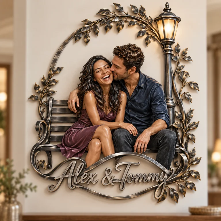 Banc de parc photo personnalisé en métal 3D - Cadeau pour couples