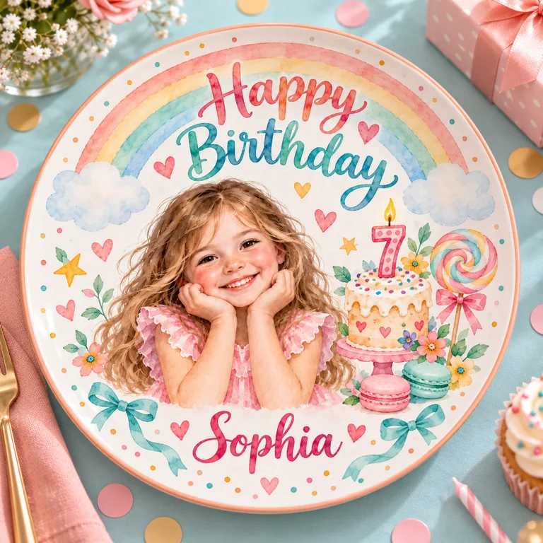 Personalized Birthday Ceramic Round Plate - Rainbow Watercolor Portrait Gift