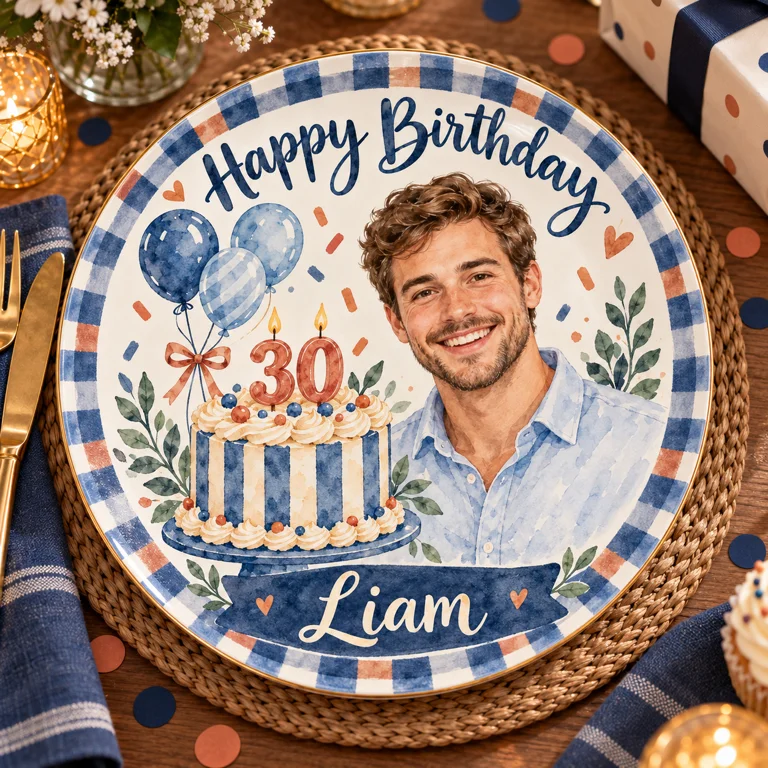Personalized Birthday Ceramic Round Plate - Navy Gingham Watercolor Portrait Gift