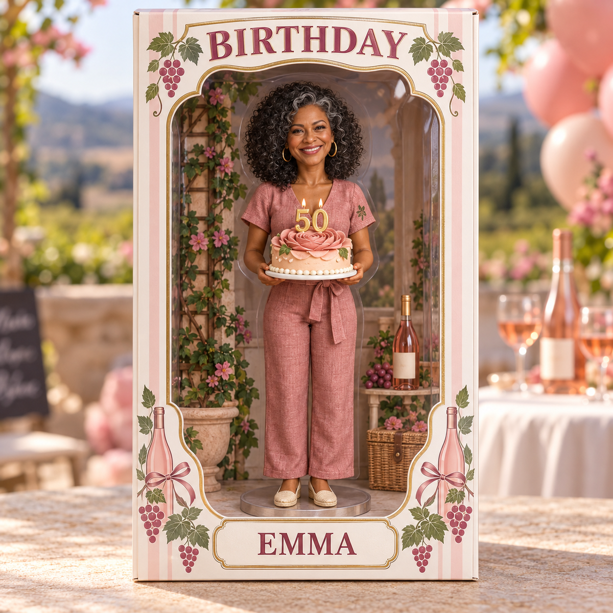Personalized Wine Lover Figurine Display Box - Rosé Birthday Photo Portrait with Custom Name and Age