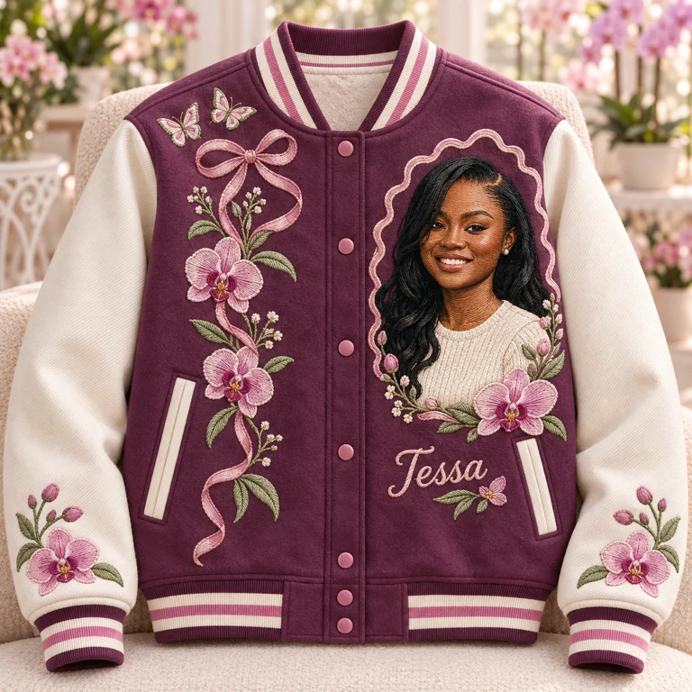 Personalized Orchid Butterfly Varsity Jacket - Women's Birthday Gift with Portrait and Name