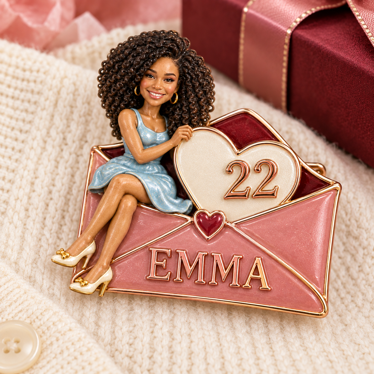 Personalized Birthday Envelope Brooch - Heart Card, Portrait, Name and Age