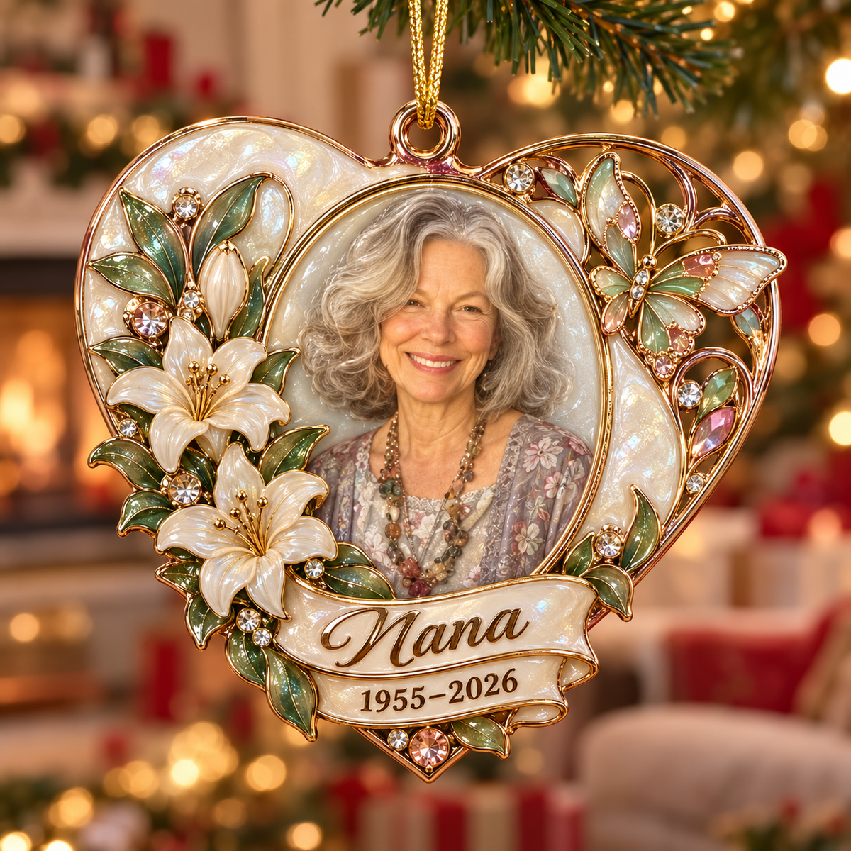 Personalized Custom Photo Lily Heart Memorial Christmas Ornament - In Memory of Grandma