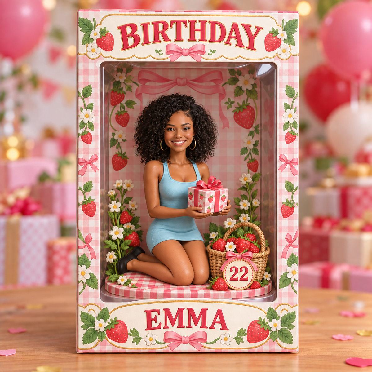 Personalized Birthday Window Box - Strawberry Portrait Figurine, Name and Age
