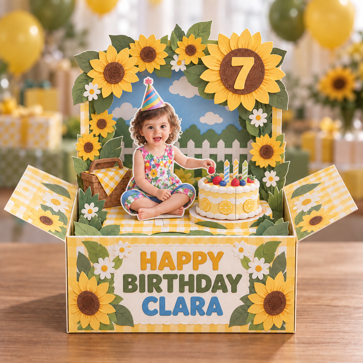 Personalisierte Sonnenblumen Pop-Up Box Karte - Geburtstagskuchen Picknick mit Foto, Name und Alter