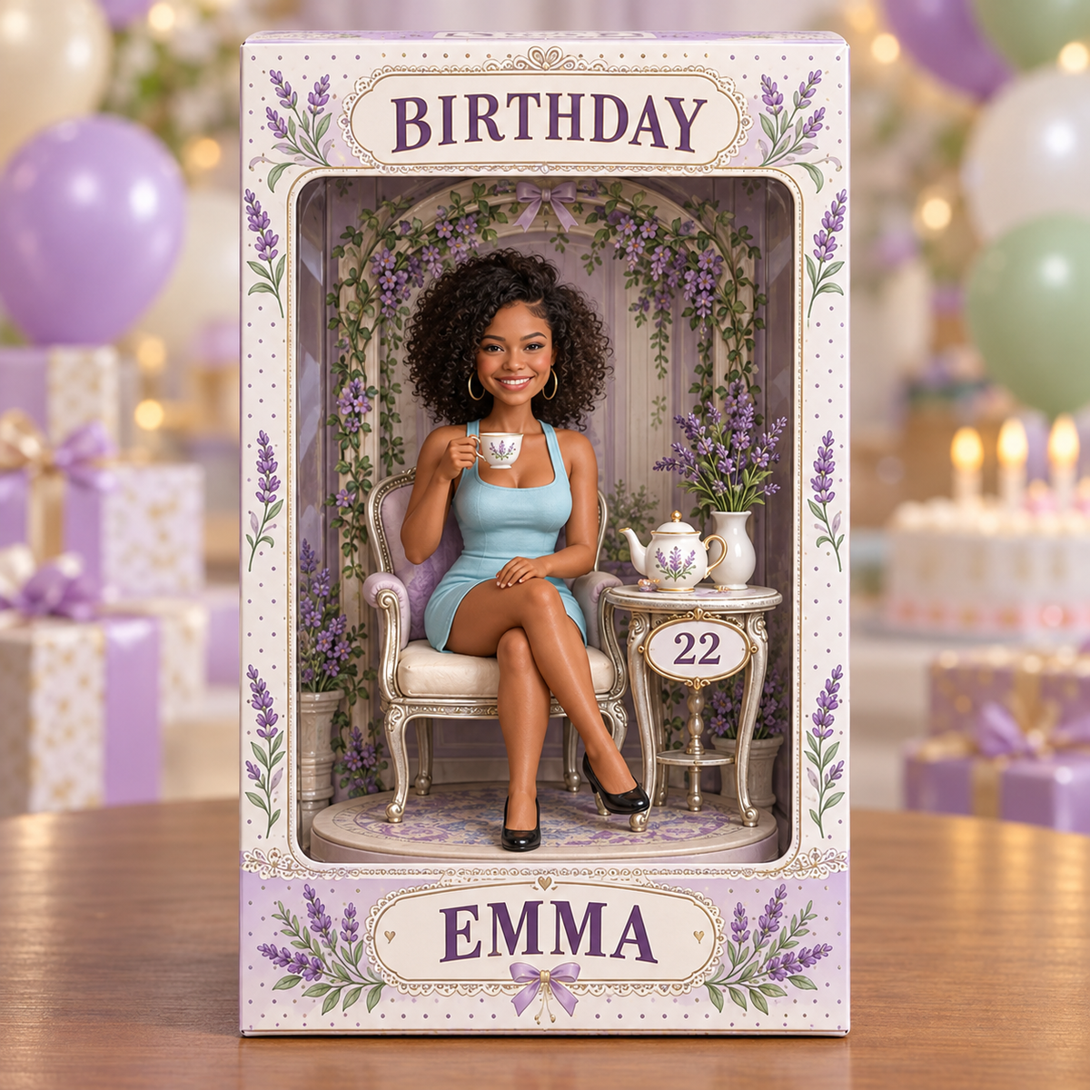 Boîte d'Affichage Figurine d'Anniversaire Personnalisée - Portrait Photo de Thé Lavande avec Nom et Âge Personnalisés