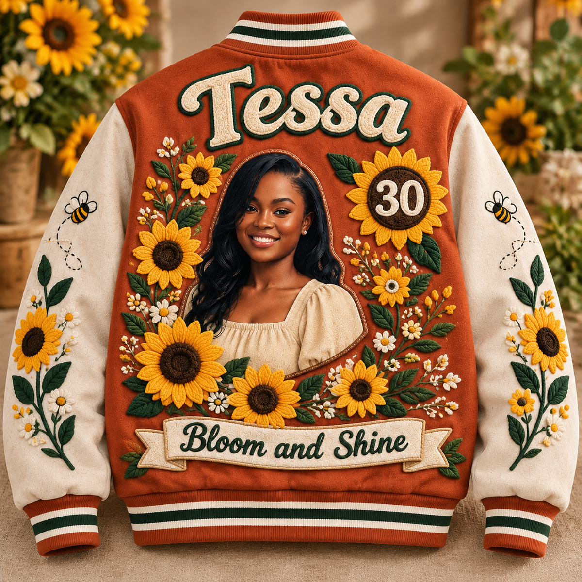 Personalized Sunflower Varsity Jacket - Birthday Photo Portrait